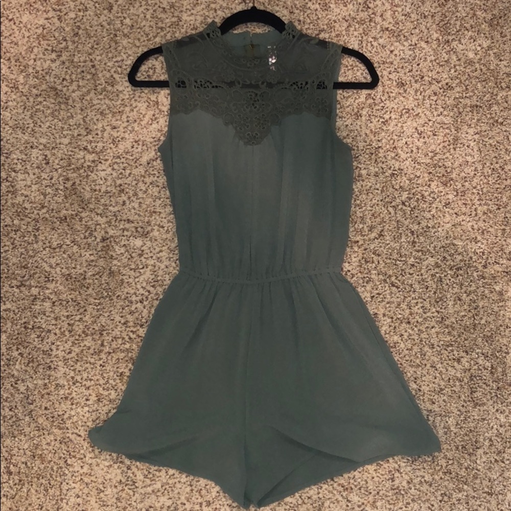 Green Romper w/ Detailed High Collar